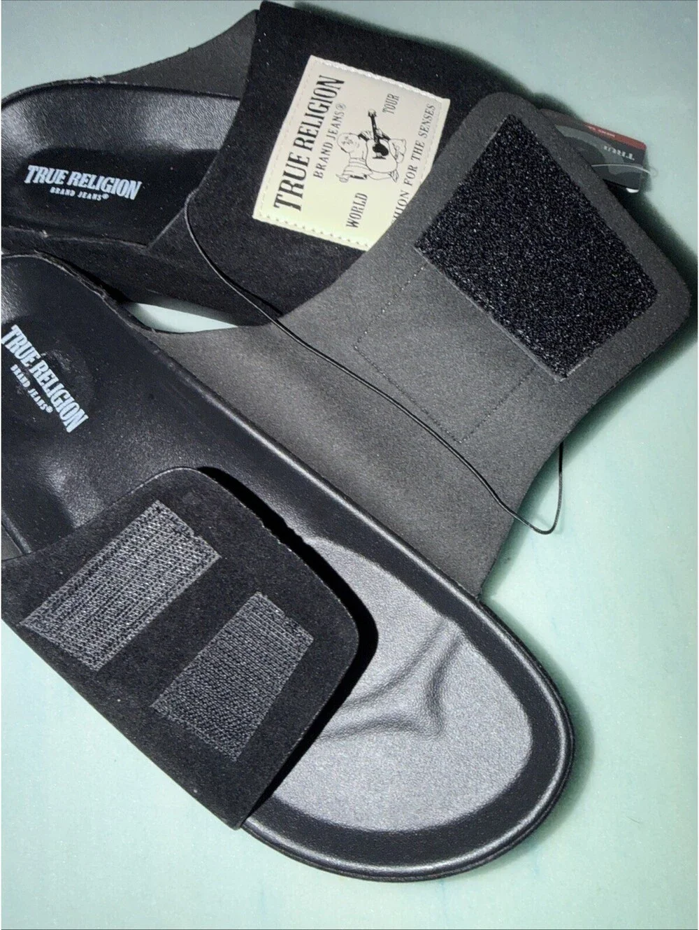 True Religion Biggy Slide Sandals Black Hook Loop Strap Men’s Size 10 NWOB
